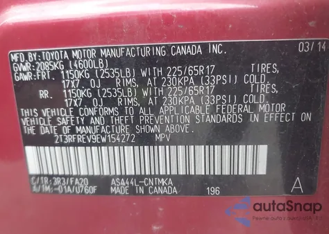 2014 Toyota Rav4 Xle z USA, uszkodzony, nr VIN 2T3RFREV9EW154272